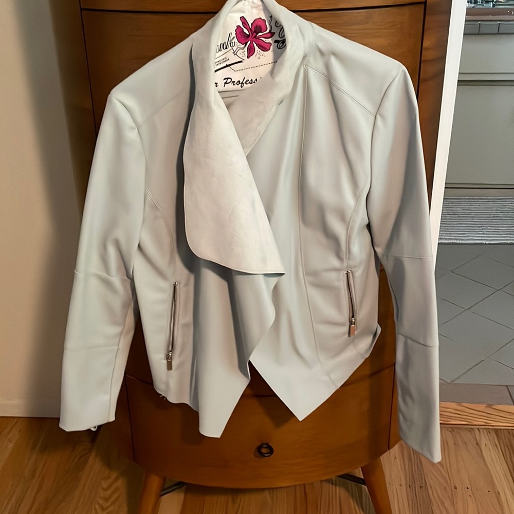 Powder blue vegan leather moto jacket